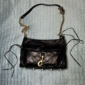 Rebecca Minkoff Bag Black Leather Crossbody, Gold Tone Hardware, Y2K